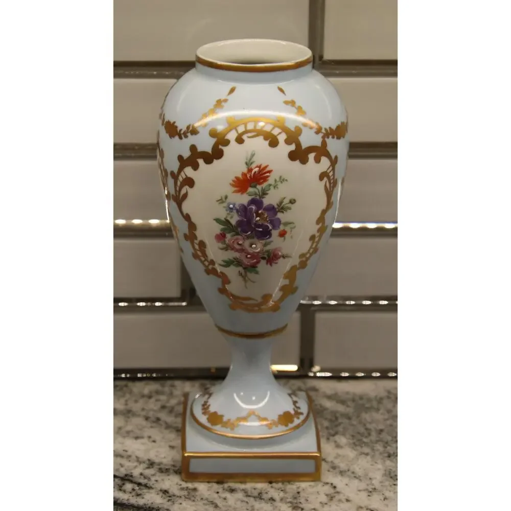 Antique Limoges France Porcelain Vase Light Blue Gold Gilt Hand Painted Urn
